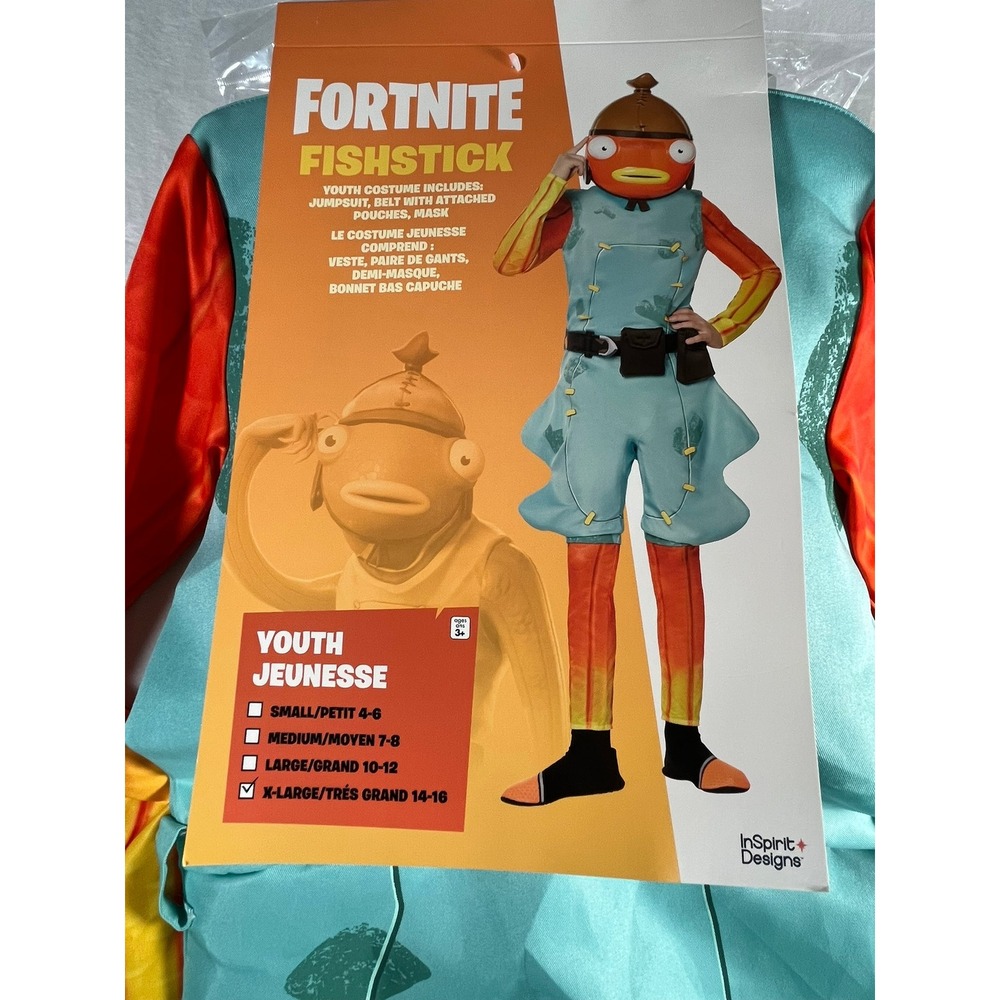 Fortnite Fishstick Youth Costume InSpirit Designs XL 14-16 Jumpsuit Mask Belt
